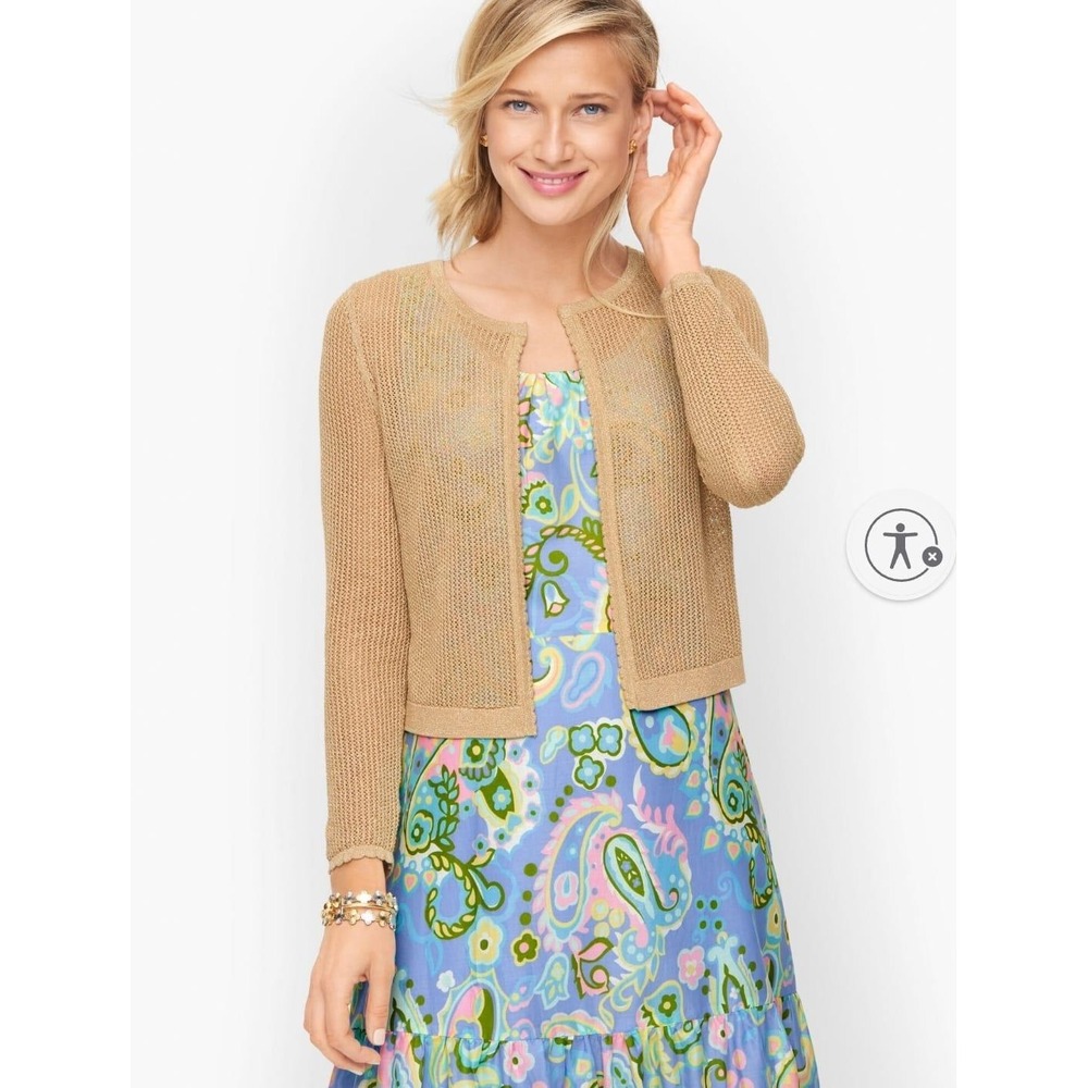 Talbots Gold Metallic Knit Open Front Shrug Cardigan XL Cropped Mesh Sweater